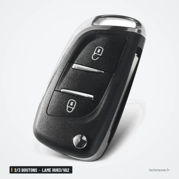 Coque de clé 2/3 boutons pour Peugeot 207, 307, Citroën C3, C5, lame HU83/VA2 - vue de trois quarts, forme pointue