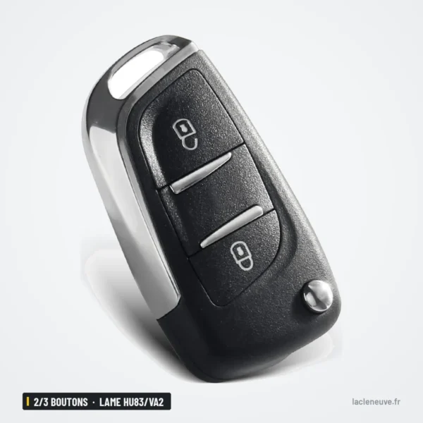 Coque de clé 2/3 boutons pour Peugeot 207, 307, Citroën C3, C5, lame HU83/VA2 - vue de profil, bord chromé