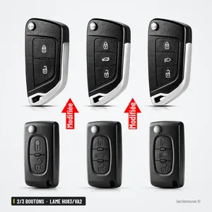 Coque de clé 2/3 boutons pour Peugeot 307, Citroën C4, C5, lame HU83/VA2 - plusieurs coques côte à côte, avant et après Coque de clé 2/3 boutons pour Peugeot 307, Citroën C4, C5, lame HU83/VA2 - plusieurs coques côte à côte, avant et après