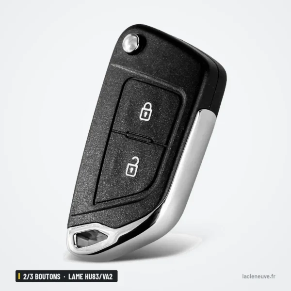 Coque de clé 2/3 boutons pour Peugeot 307, Citroën C4, C5, lame HU83/VA2 - vue de face, coque fermée, deux boutons