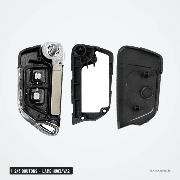 Coque de clé 2/3 boutons pour Peugeot 307, Citroën C4, C5, lame HU83/VA2 - coque démontée en trois parties