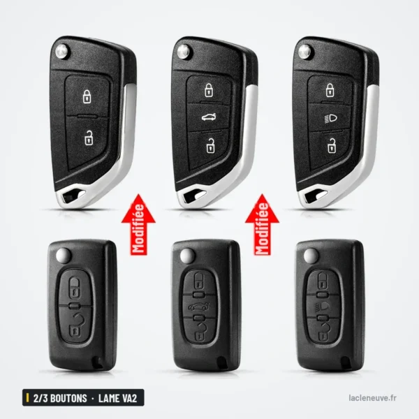 Coque de clé 2/3 boutons pour Peugeot 307, Citroën C4, C6 - six variantes de coques alignées en deux rangées