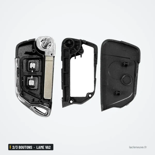 Coque de clé 2/3 boutons pour Peugeot 307, Citroën C4, C6 - coque démontée en trois parties, châssis apparent
