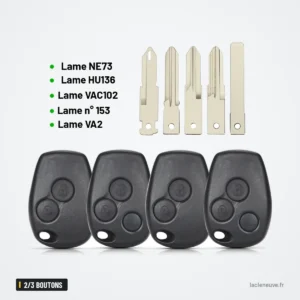 Coque de clé 2/3 boutons pour Renault Clio, Kangoo, Dacia Duster, Logan - cinq types de lames avec leurs références