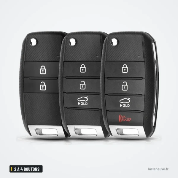 Coque de clé 2 à 4 boutons pour Kia Sportage, Ceed, Rio, Sorento - trois modèles réunis côte à côte