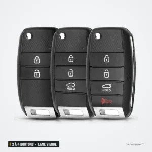 Coque de clé 2 à 4 boutons pour Kia Sportage, Sorento, Ceed, lame vierge - trois coques identiques alignées, boutons visibles