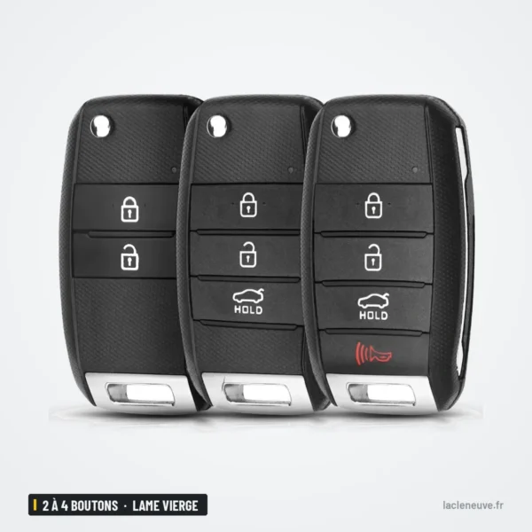 Coque de clé 2 à 4 boutons pour Kia Sportage, Sorento, Ceed, lame vierge - trois coques identiques alignées, boutons visibles