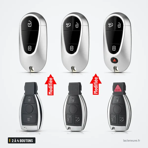 Coque de clé 2 à 4 boutons pour Mercedes-Benz Classe A, C, E, S - trois coques argentées transformées en version noire