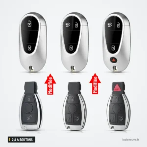 Coque de clé 2 à 4 boutons pour Mercedes-Benz W203, W204, W205, style BGA - trois coques tactiles vues sous plusieurs angles