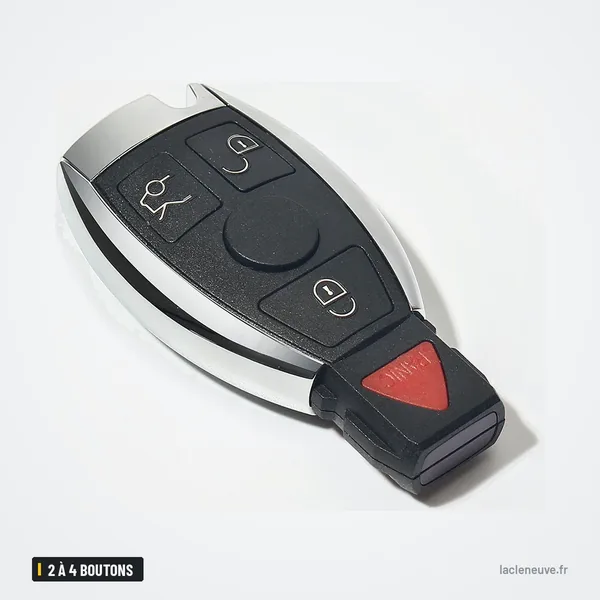 Coque de clé 2 à 4 boutons pour Mercedes-Benz W203, W204, W211, W212 - vue de face, bouton triangle rouge