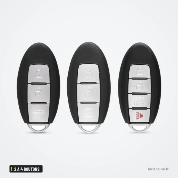 Coque de clé 2 à 4 boutons pour Nissan Altima, Maxima, Murano, Sentra - trois versions côte à côte, vue de face