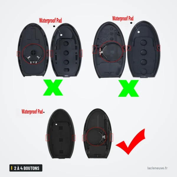 Coque de clé 2 à 4 boutons pour Nissan Altima, Maxima, Murano, Sentra - comparaison de coques ouvertes avec repères
