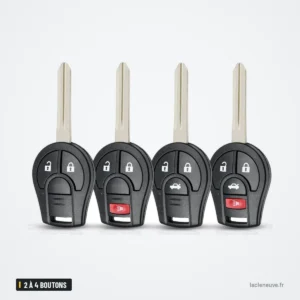 Coque de clé 2 à 4 boutons pour Nissan Qashqai, Juke, Micra - quatre modèles de clé alignés Coque de clé 2 à 4 boutons pour Nissan Qashqai, Juke, Micra - quatre modèles de clé alignés