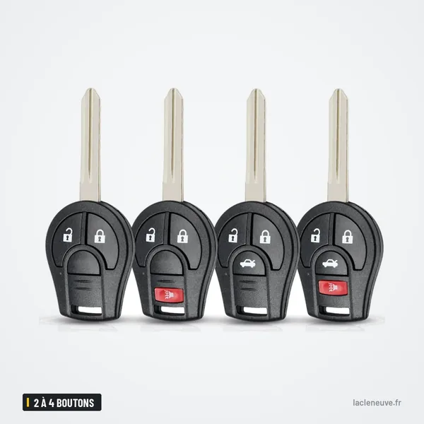 Coque de clé 2 à 4 boutons pour Nissan Qashqai, Juke, Micra - quatre modèles de clé alignés