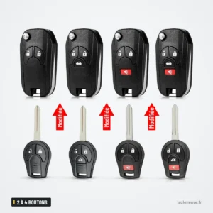Coque de clé 2 à 4 boutons pour Nissan Versa, Sentra, Altima, Maxima - quatre coques assemblées avec clés, repère modifié Coque de clé 2 à 4 boutons pour Nissan Versa, Sentra, Altima, Maxima - quatre coques assemblées avec clés, repère modifié