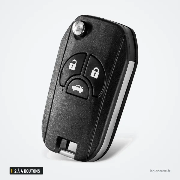 Coque de clé 2 à 4 boutons pour Nissan Versa, Sentra, Altima, Maxima - vue de face, lame déployée, trois boutons