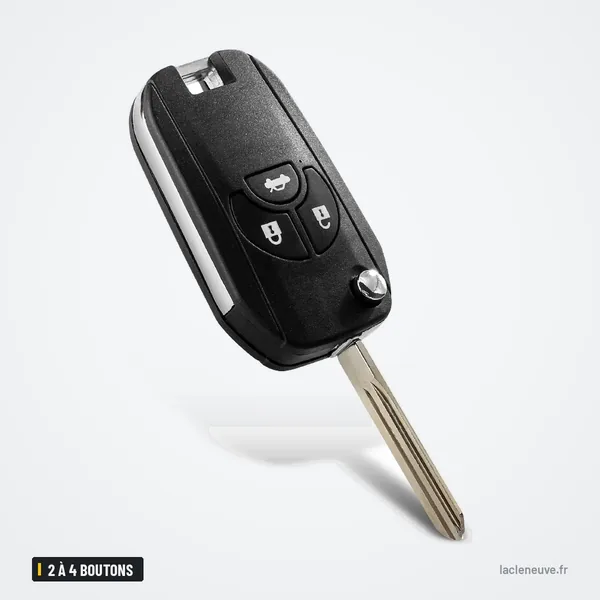 Coque de clé 2 à 4 boutons pour Nissan Versa, Sentra, Altima, Maxima - vue de trois quarts opposée, lame déployée