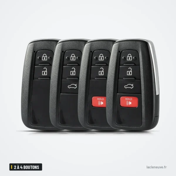 Coque de clé 2 à 4 boutons pour Toyota Prius, Camry, C-HR, Avalon - quatre coques alignées, vue de face