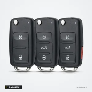 Coque de clé 2 à 4 boutons pour VW Golf, Polo, Skoda Octavia, Seat Leon - trois coques alignées, vue de face