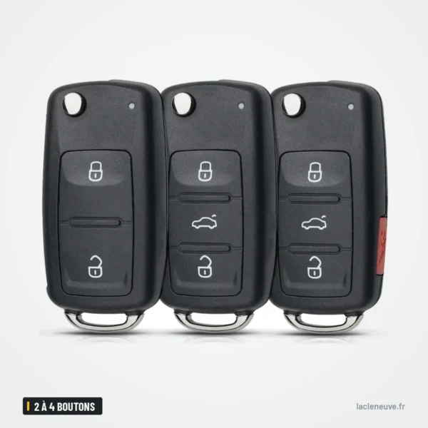 Coque de clé 2 à 4 boutons pour VW Golf, Polo, Skoda Octavia, Seat Leon - trois coques alignées, vue de face