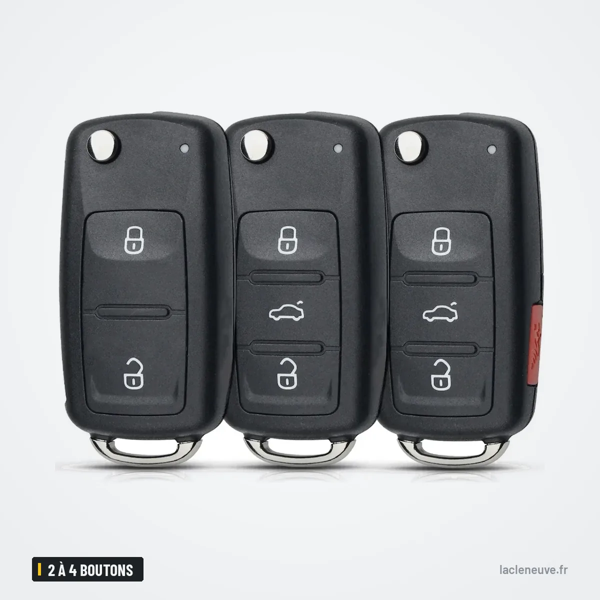 Coque de clé 2 à 4 boutons pour VW Golf, Polo, Skoda Octavia, Seat Leon - trois coques alignées, vue de face Coque de clé 2 à 4 boutons pour VW Golf, Polo, Skoda Octavia, Seat Leon - trois coques alignées, vue de face