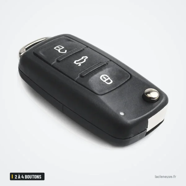 Coque de clé 2 à 4 boutons pour VW Golf, Polo, Skoda Octavia, Seat Leon - vue de trois quarts, lame repliée