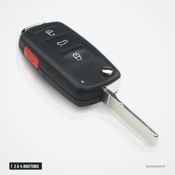 Coque de clé 2 à 4 boutons pour VW Golf, Polo, Skoda Octavia, Seat Leon - vue de face, bouton rouge d'alarme visible