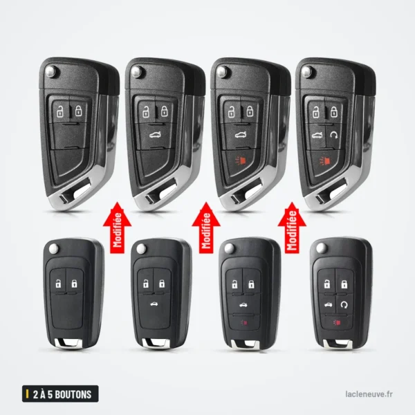 Coque de clé 2 à 5 boutons pour Chevrolet Cruze, Opel Astra - huit coques alignées en deux rangées, versions modifiées