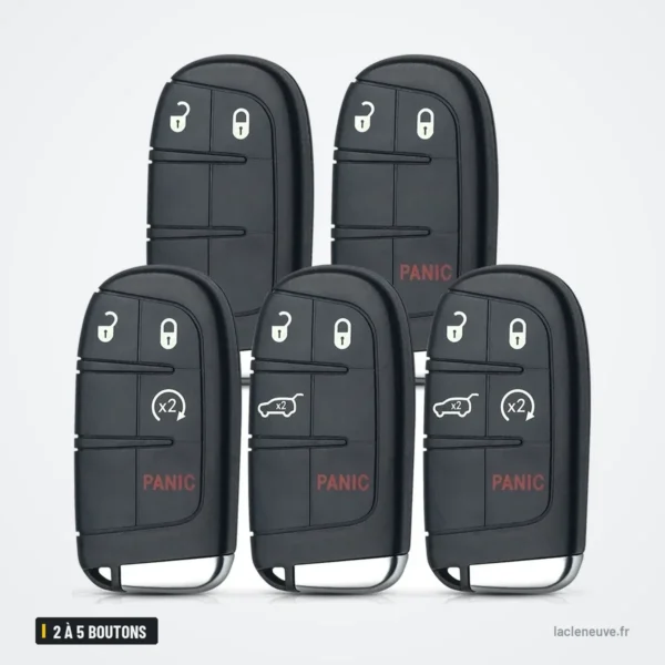 Coque de clé 2 à 5 boutons pour Jeep, Chrysler, Dodge, Fiat - cinq télécommandes alignées, vue de face