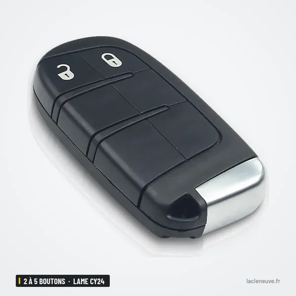 Coque de clé 2 à 5 boutons pour Jeep, Dodge Ram, Charger, lame CY24 ou SIP22 - vue de trois quarts, deux boutons