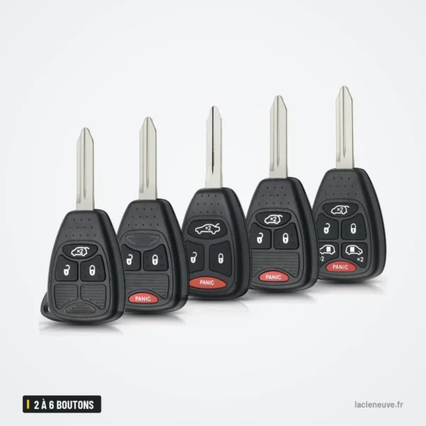 Coque de clé 2 à 6 boutons pour Jeep Grand Cherokee, Wrangler - cinq télécommandes alignées, bouton panic rouge