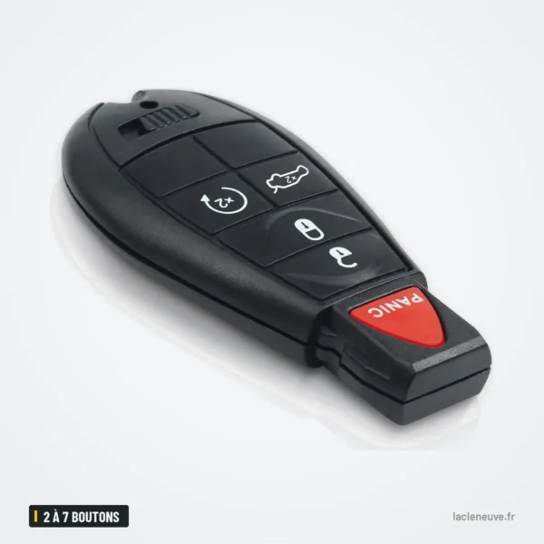 Coque de clé 2 à 7 boutons pour Dodge Charger, Challenger, Chrysler 300 - télécommande vue de profil, bouton panic visible