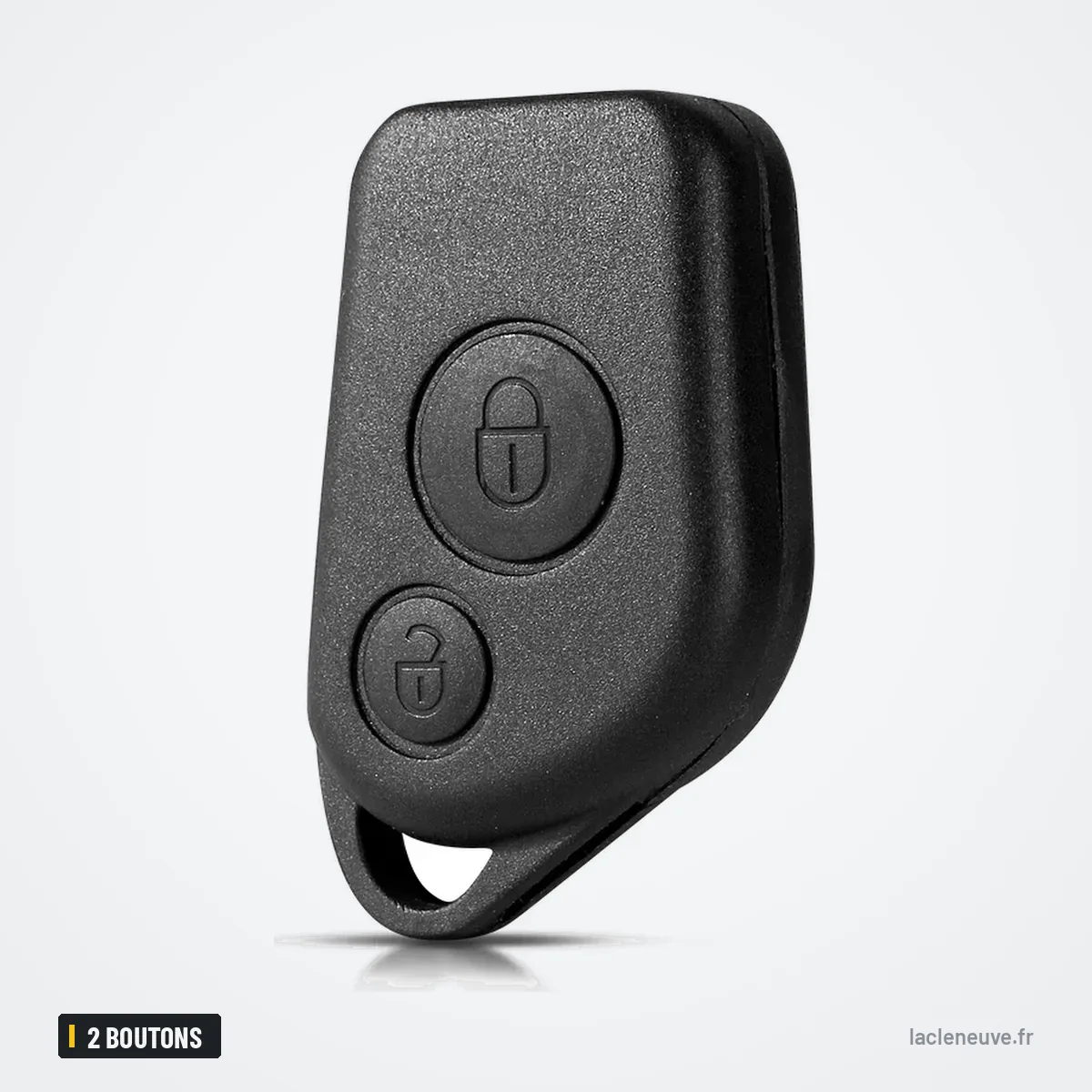 Coque de clé 2 boutons pour Citroën Berlingo, Xsara, Saxo, Peugeot 306 - vue de face, deux boutons et anneau Coque de clé 2 boutons pour Citroën Berlingo, Xsara, Saxo, Peugeot 306 - vue de face, deux boutons et anneau