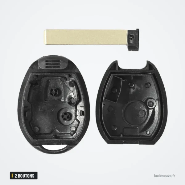 Coque de clé 2 boutons pour Mini Cooper R50/R53, Rover 75 - lame claire au-dessus des deux coques ouvertes