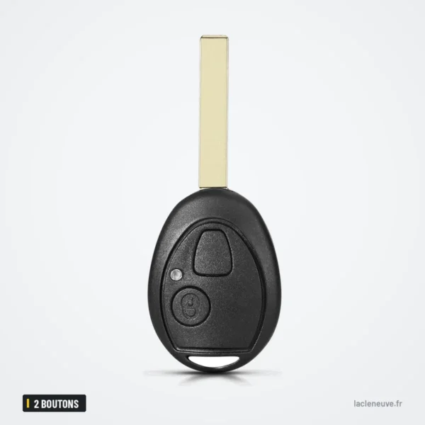 Coque de clé 2 boutons pour Mini Cooper R50/R53, Rover 75, Land Rover Discovery - vue de face rapprochée, sans lame