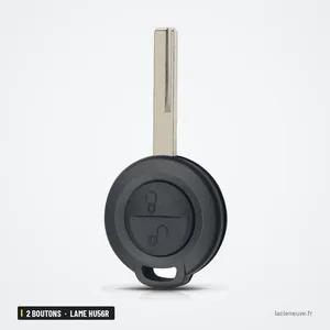 Coque de clé 2 boutons pour Mitsubishi Colt, Carisma, Space Star, lame HU56R - vue de face, lame déployée, deux boutons Coque de clé 2 boutons pour Mitsubishi Colt, Carisma, Space Star, lame HU56R - vue de face, lame déployée, deux boutons