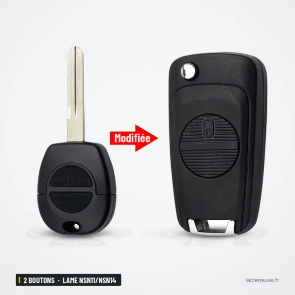 Coque de clé 2 boutons pour Nissan Micra, Almera, X-Trail, lame NSN11/NSN14 - comparaison avant et après transformation