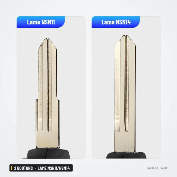 Coque de clé 2 boutons pour Nissan Micra, Almera, X-Trail, lame NSN11/NSN14 - comparaison de deux lames différentes