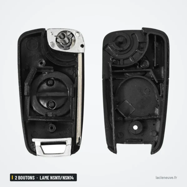 Coque de clé 2 boutons pour Nissan Micra, Almera, X-Trail, lame NSN11/NSN14 - coque ouverte avec mécanisme et lame