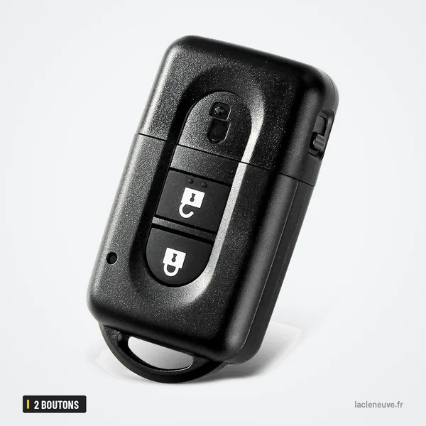 Coque de clé 2 boutons pour Nissan Qashqai, Juke, Micra, X-Trail - vue de trois quarts, légèrement inclinée