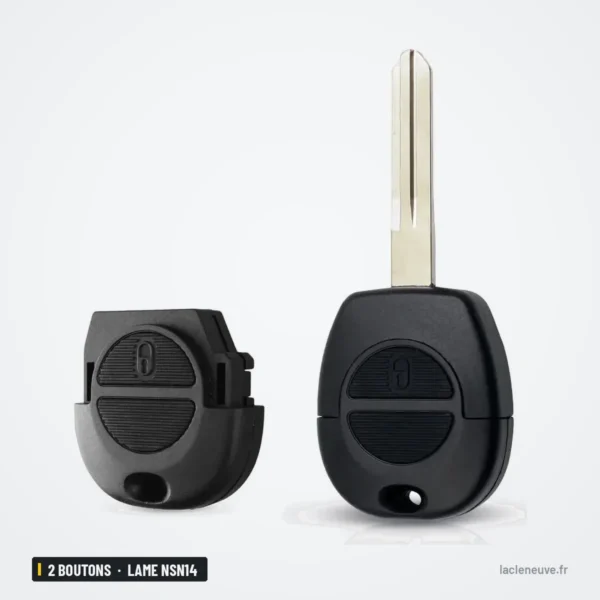 Coque de clé 2 boutons pour Nissan X-Trail, Primera, Micra, Almera, lame NSN14 - deux modèles de coque côte à côte, avec lame