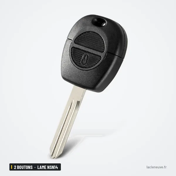 Coque de clé 2 boutons pour Nissan X-Trail, Primera, Micra, Almera, lame NSN14 - vue de face inclinée, deux boutons visibles