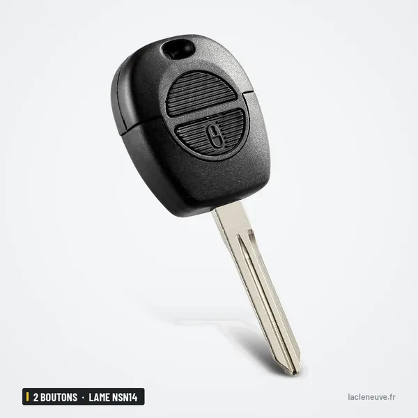 Coque de clé 2 boutons pour Nissan X-Trail, Primera, Micra, Almera, lame NSN14 - vue de face, lame courte et deux boutons