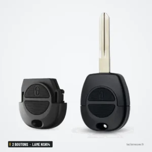 Coque de clé 2 boutons pour Nissan X-Trail, Primera, Micra, lame NSN14 - deux coques assemblées côte à côte Coque de clé 2 boutons pour Nissan X-Trail, Primera, Micra, lame NSN14 - deux coques assemblées côte à côte
