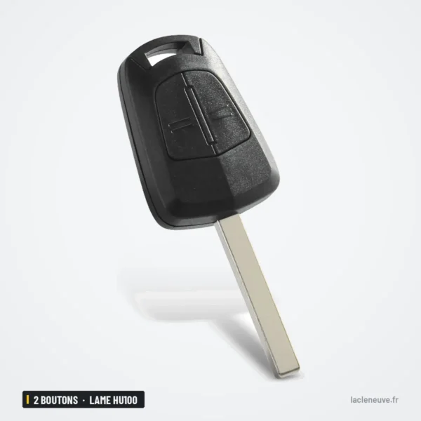 Coque de clé 2 boutons pour Opel Astra, Corsa, Zafira, Insignia, lame HU100 - vue de face, boutons ovales, lame en bas