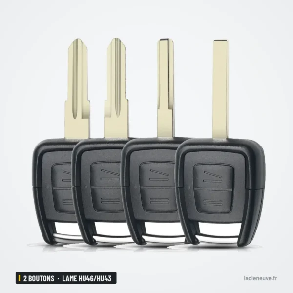 Coque de clé 2 boutons pour Opel Omega, Vectra, Astra, lame HU46/HU43/HU100 - quatre exemplaires identiques alignés en rangée