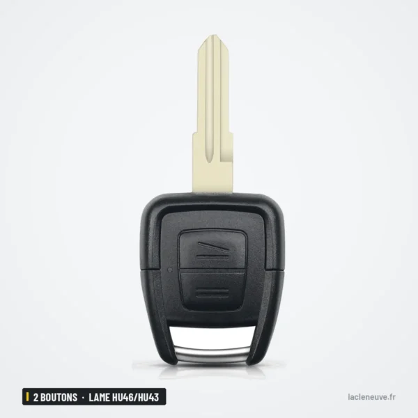 Coque de clé 2 boutons pour Opel Omega, Vectra, Astra, lame HU46/HU43/HU100 - vue de face, lame insérée dans la coque