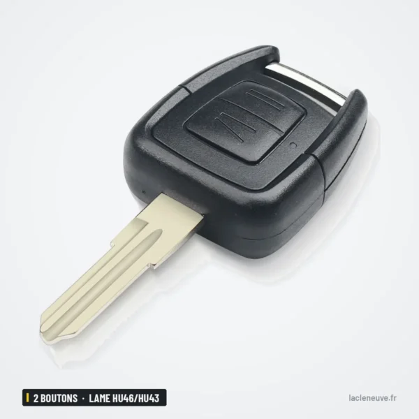 Coque de clé 2 boutons pour Opel Omega, Vectra, Astra, lame HU46/HU43/HU100 - vue de trois-quarts, lame et boutons visibles