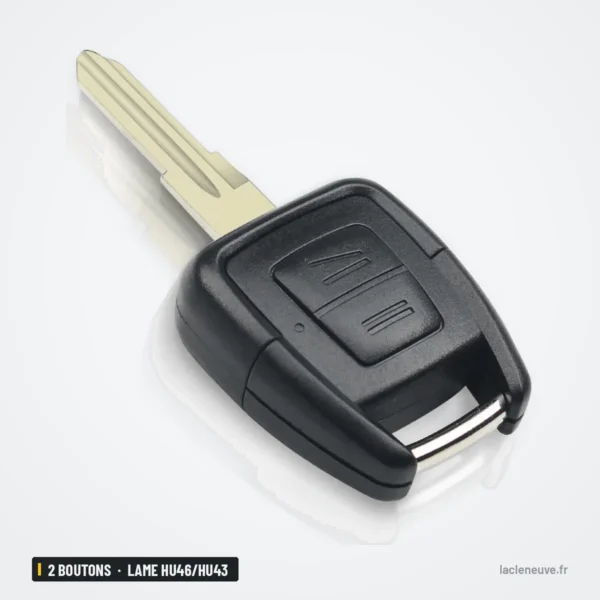 Coque de clé 2 boutons pour Opel Omega, Vectra, Astra, lame HU46/HU43/HU100 - vue de trois-quarts, boutons et logo visibles