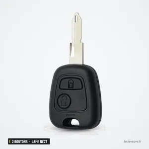 Coque de clé 2 boutons pour Peugeot 206, 207, 307, 407, lame NE73 - vue de face, lame droite insérée Coque de clé 2 boutons pour Peugeot 206, 207, 307, 407, lame NE73 - vue de face, lame droite insérée
